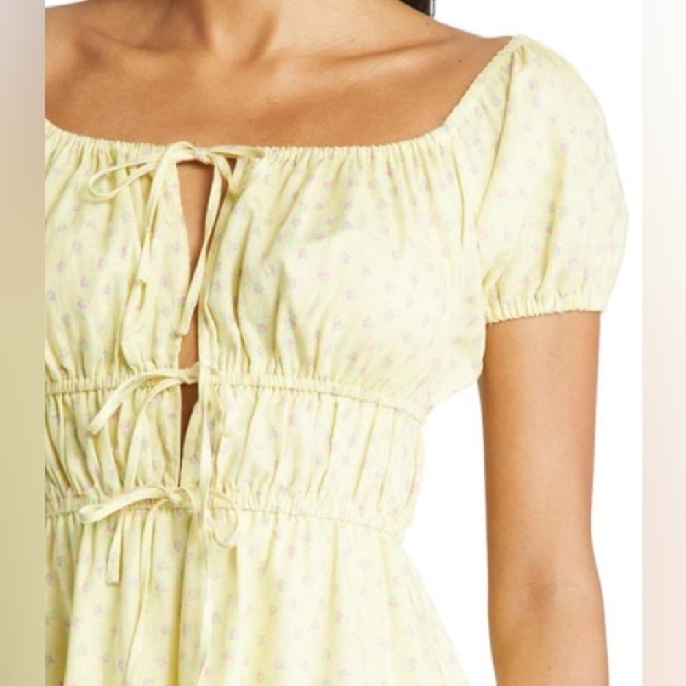 WAYF Sinclair Ditsy Floral Yellow Off The Shoulder Linen Mini Dress Tie Front - Picture 3 of 16